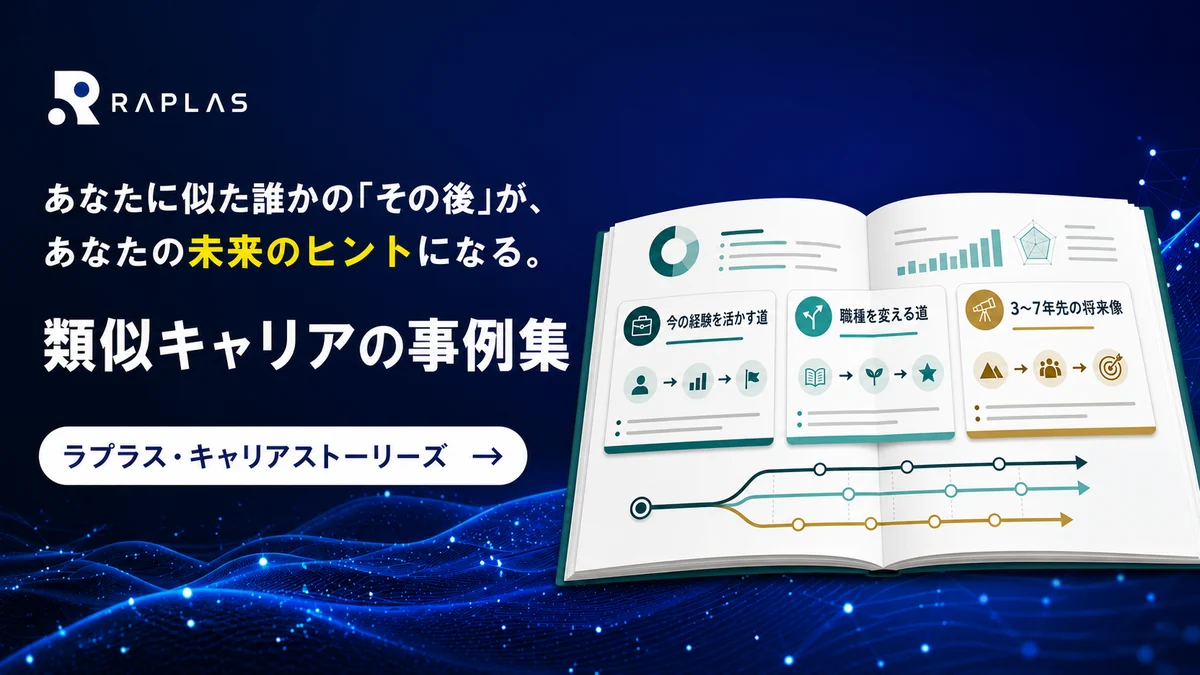 「あなたに似た誰かの『その後』が、あなたの未来のヒントになる。類似キャリアの事例集」と書かれたRaplasのバナー
